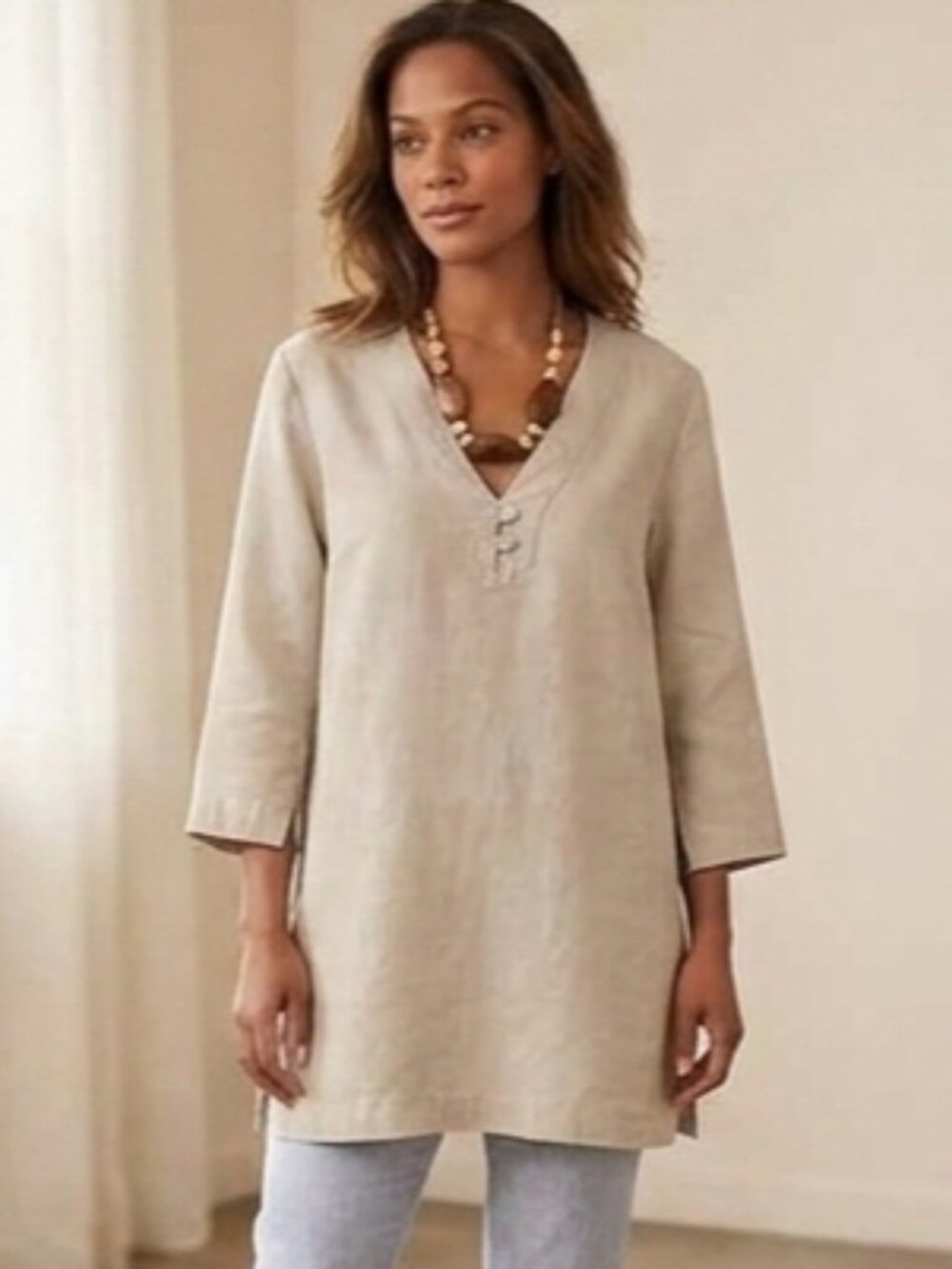 Grace Elements Women's Size 8 Oatmeal 100% Linen 3/4 Sleeve V-Neck Vented Top